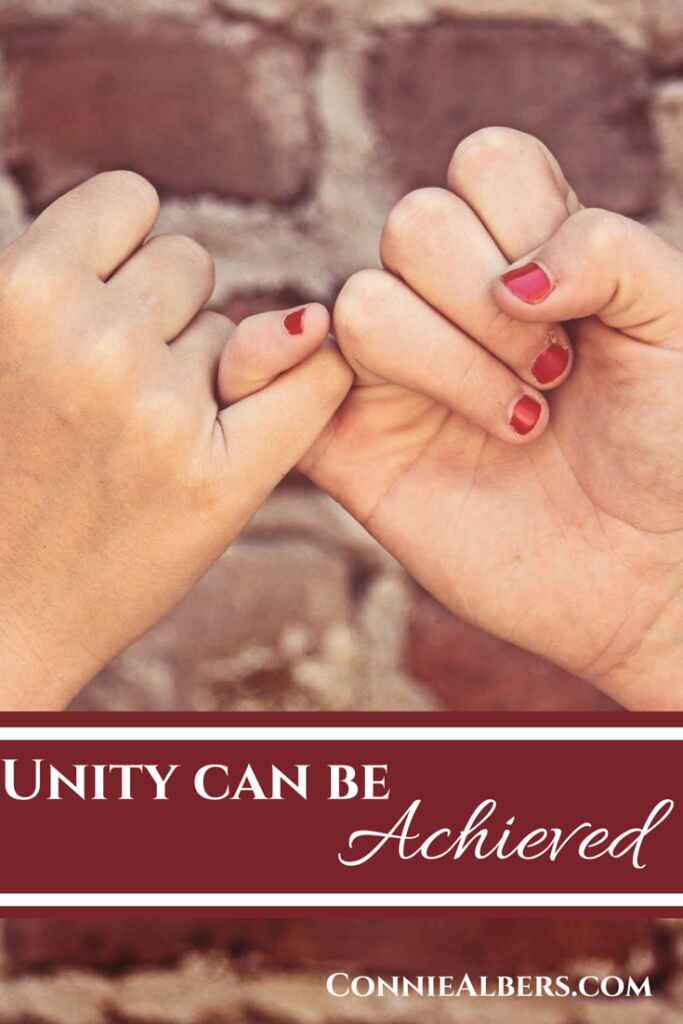 Unity between family, friends, and spouses can be achieved when we put our faith in God. Christian living encouragement from ConnieAlbers.com