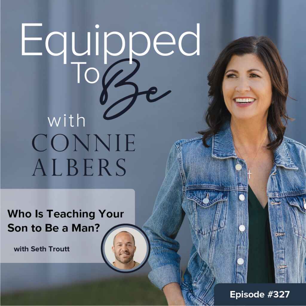 Connie Albers and Seth Troutt pictured on artwork for “Who Is Teaching Your Son to Be a Man?”